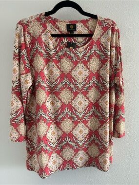 JM Collection Coral Floral Medallion Long Sleeve Top